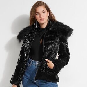 Guess Black Faux Fur Trim Puffer Jacket